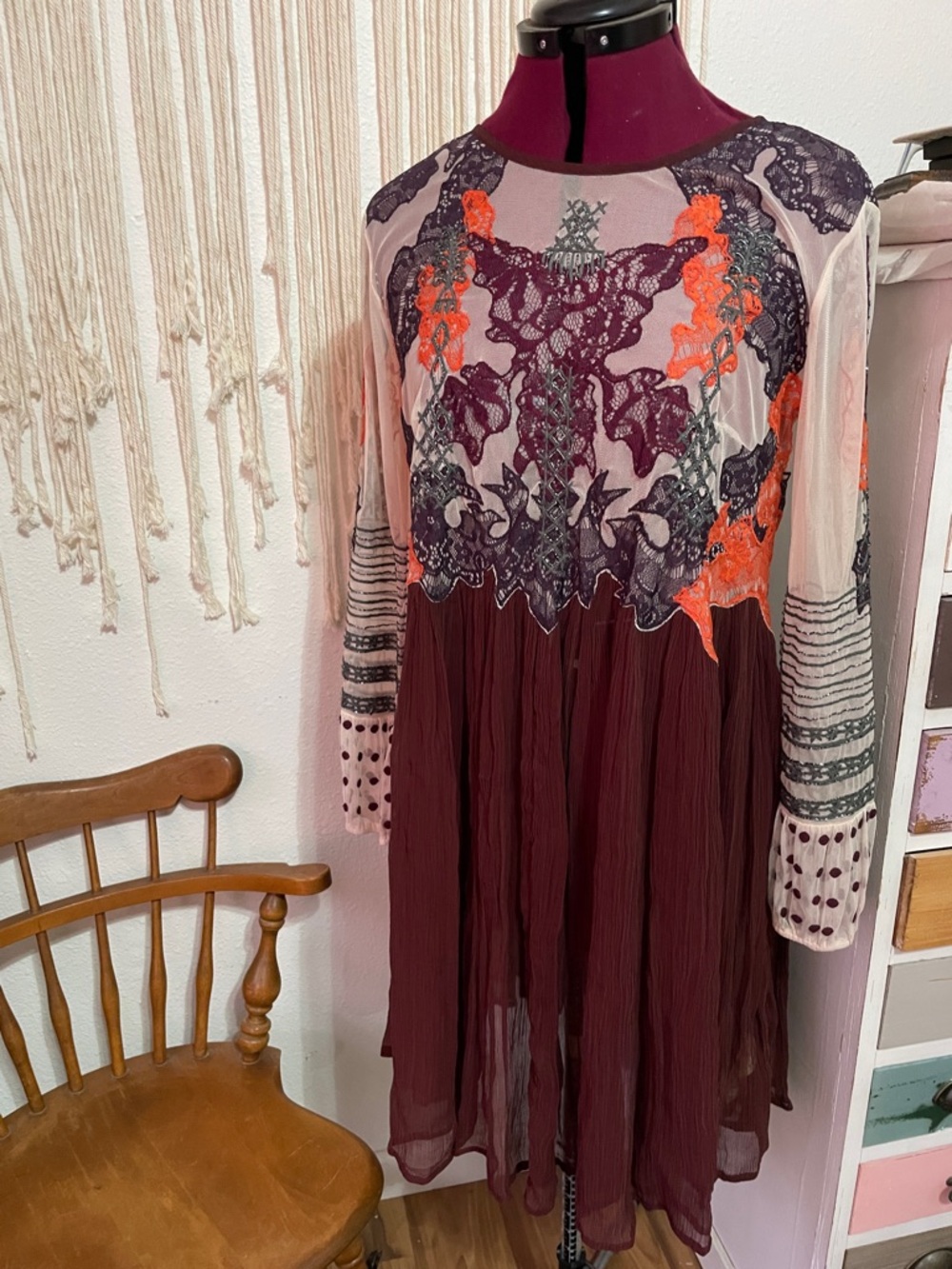 Moulinette Soeurs Burgundy Dress with Pink Mesh & Orange Lace